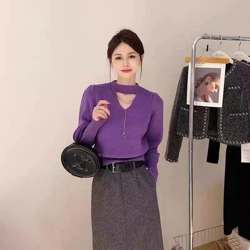 S2-秋冬新款慵懒风纯色圆领毛衣女小心机设计套头针织衫