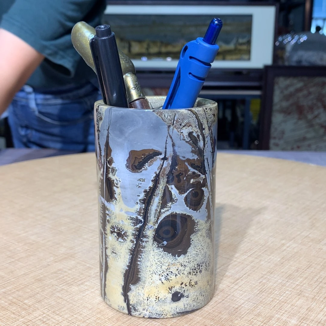 香樟木，广西国画石笔筒，茶道筒