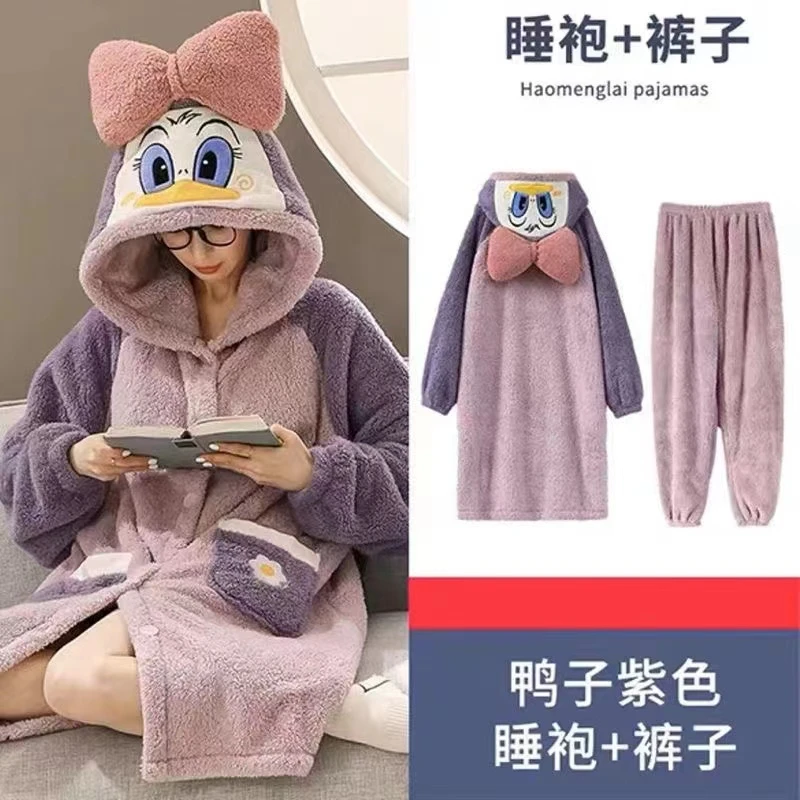 睡袍女秋冬季加绒加厚长款珊瑚绒唐老鸭睡袍套装卡通可外穿保暖