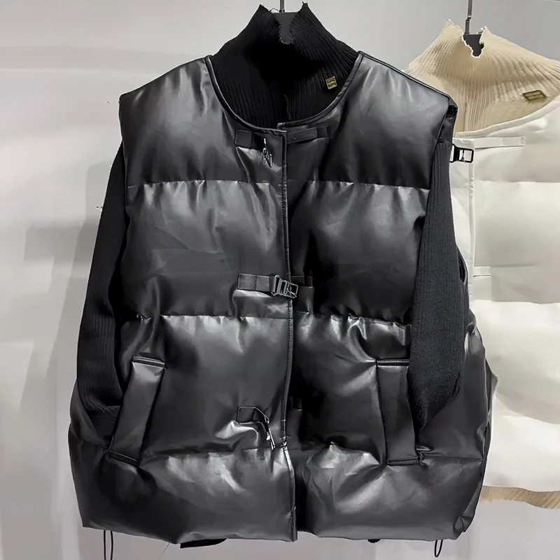 5335#时髦黑色炸街保暖马甲秋冬新款圆领单排扣遮肉百搭棉服外套