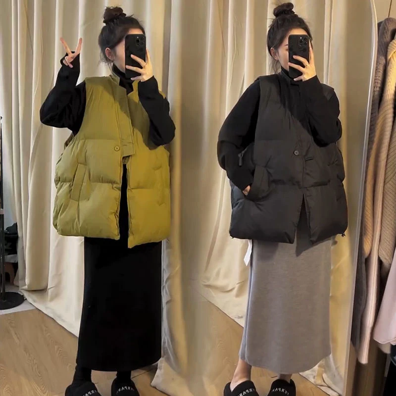 韩版时尚百搭马甲女款外穿春秋新款V领一粒扣宽松遮肉保暖棉服潮