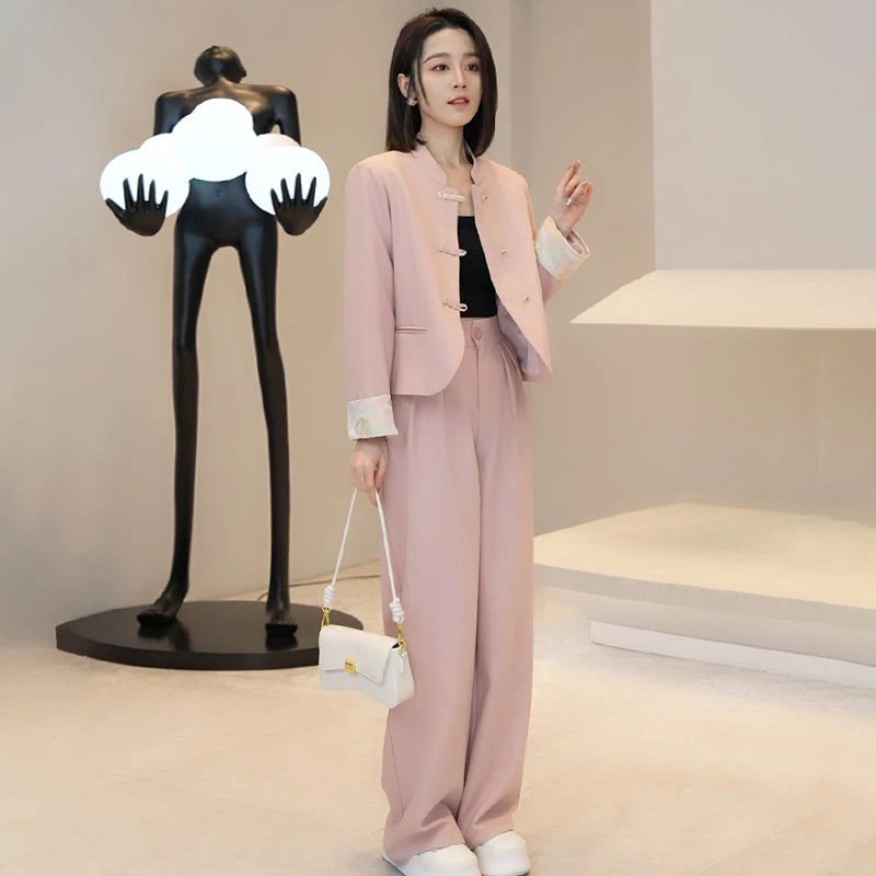 新中式气质套装春秋新款复古盘扣显瘦外套+高腰长裤小个子两件套