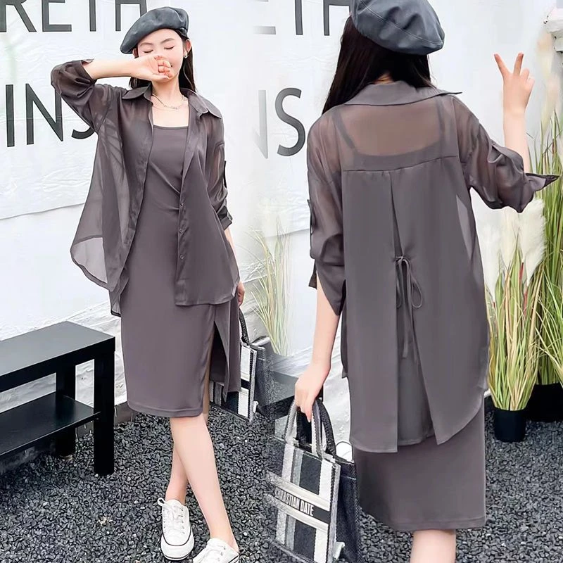 设计感薄款防晒衬衫开叉吊带裙套装裙女夏季新款胖妹妹显瘦两件套