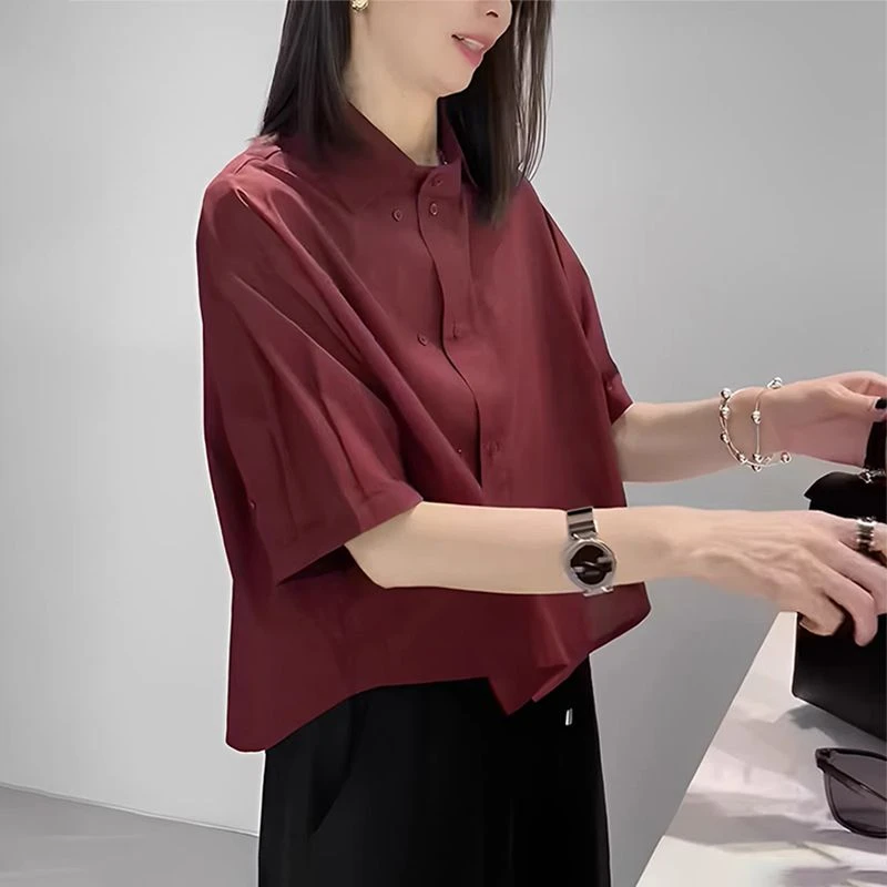 877#夏季新款复古气质短款上衣设计感显瘦双排扣宽松遮肉翻领衬衫