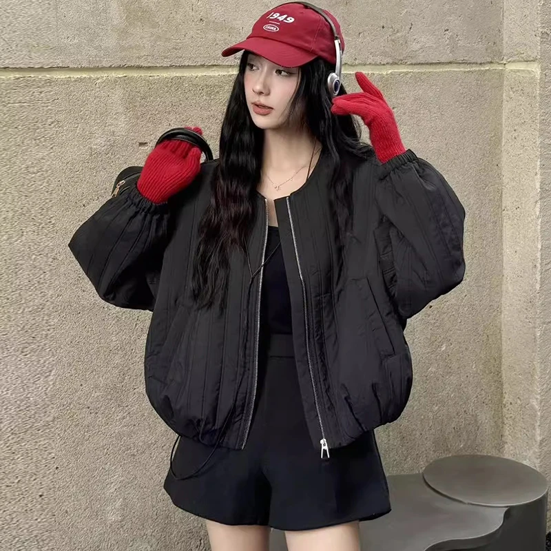 网红同款复古慵懒风圆领坑条短外套秋冬高级感拉链百搭保暖棉衣女