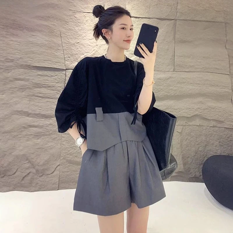 韩版时尚通勤套装夏季新款撞色宽松上衣+阔腿短裤小个子两件套女