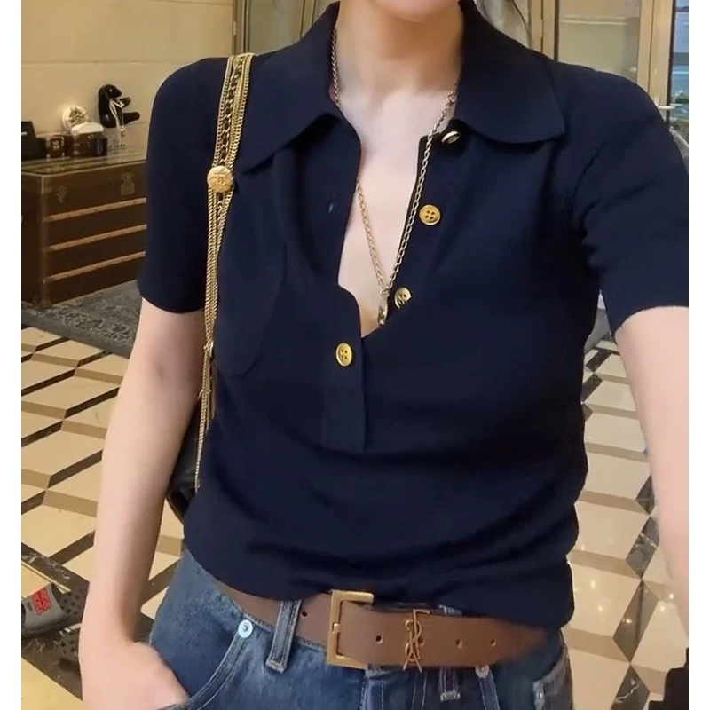 高级感polo领针织正肩短袖t恤女夏季冰丝法式气质修身打底衫上衣