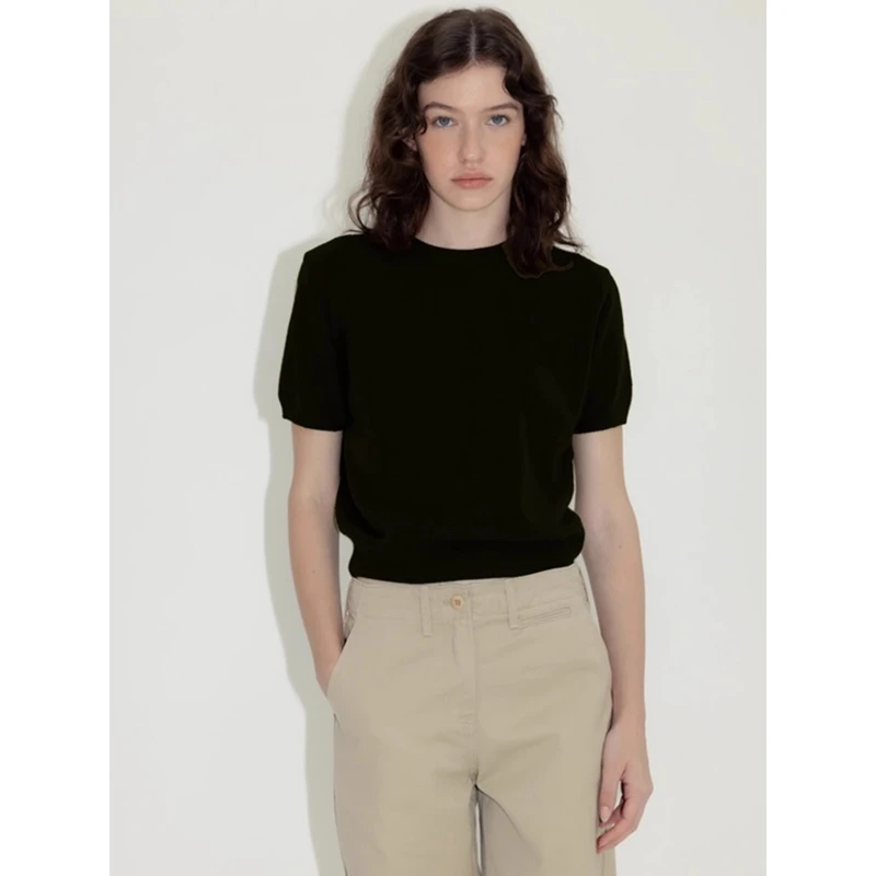 时尚复古黑色正肩短袖t恤女夏季高级感通勤百搭收腰短款针织上衣