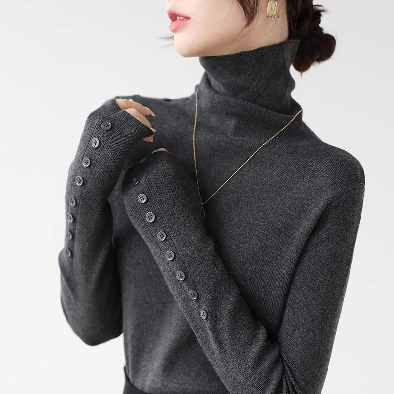 高级感软糯灰色高领针织打底衫女秋冬袖口纽扣内搭上衣堆堆领毛衣