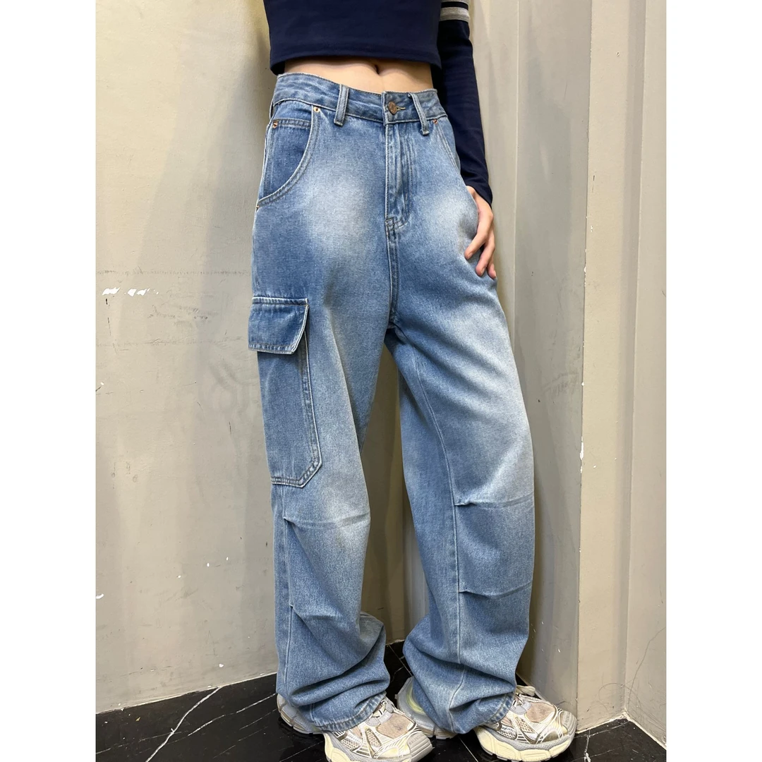 凡Fan【拽酷通勤】美式复古口袋设计感牛仔工装宽松显瘦拖地裤