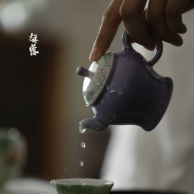 无落木槿紫色釉下彩手绘花卉宫灯壶景德镇瓷家用泡茶壶创意新中式