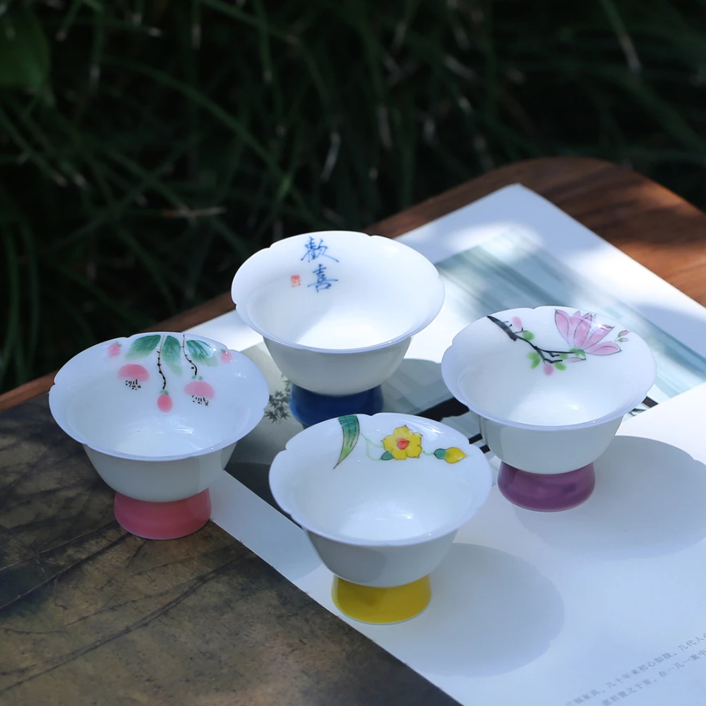 禾山居手工茶杯釉下彩纯手绘主人杯创意花口品茗杯高档白瓷茶具