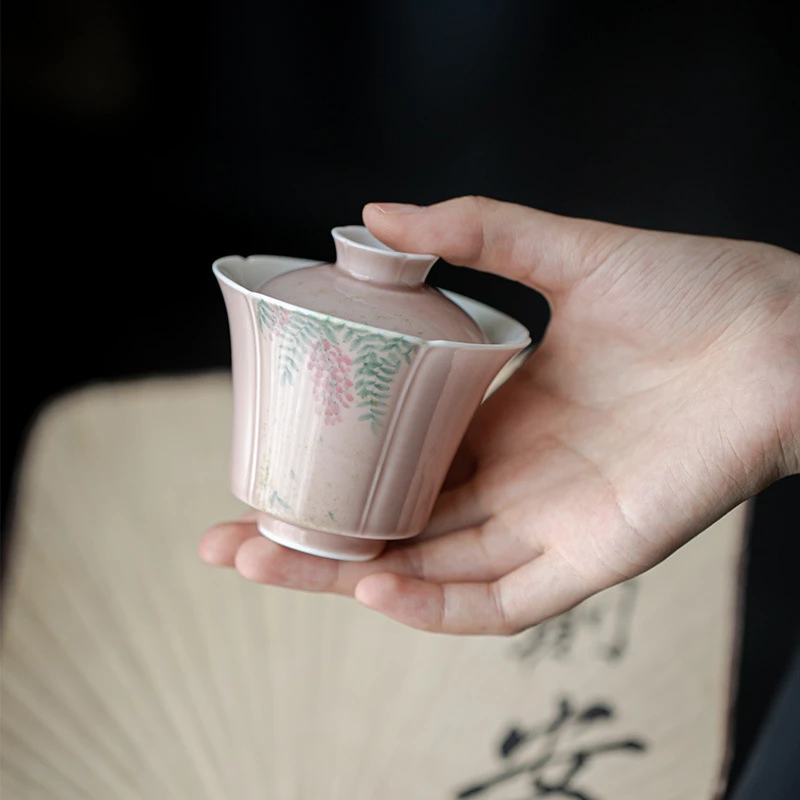手绘紫藤花釉下彩粉色单盖碗功夫茶具家用陶瓷中式泡茶碗品茗茶杯