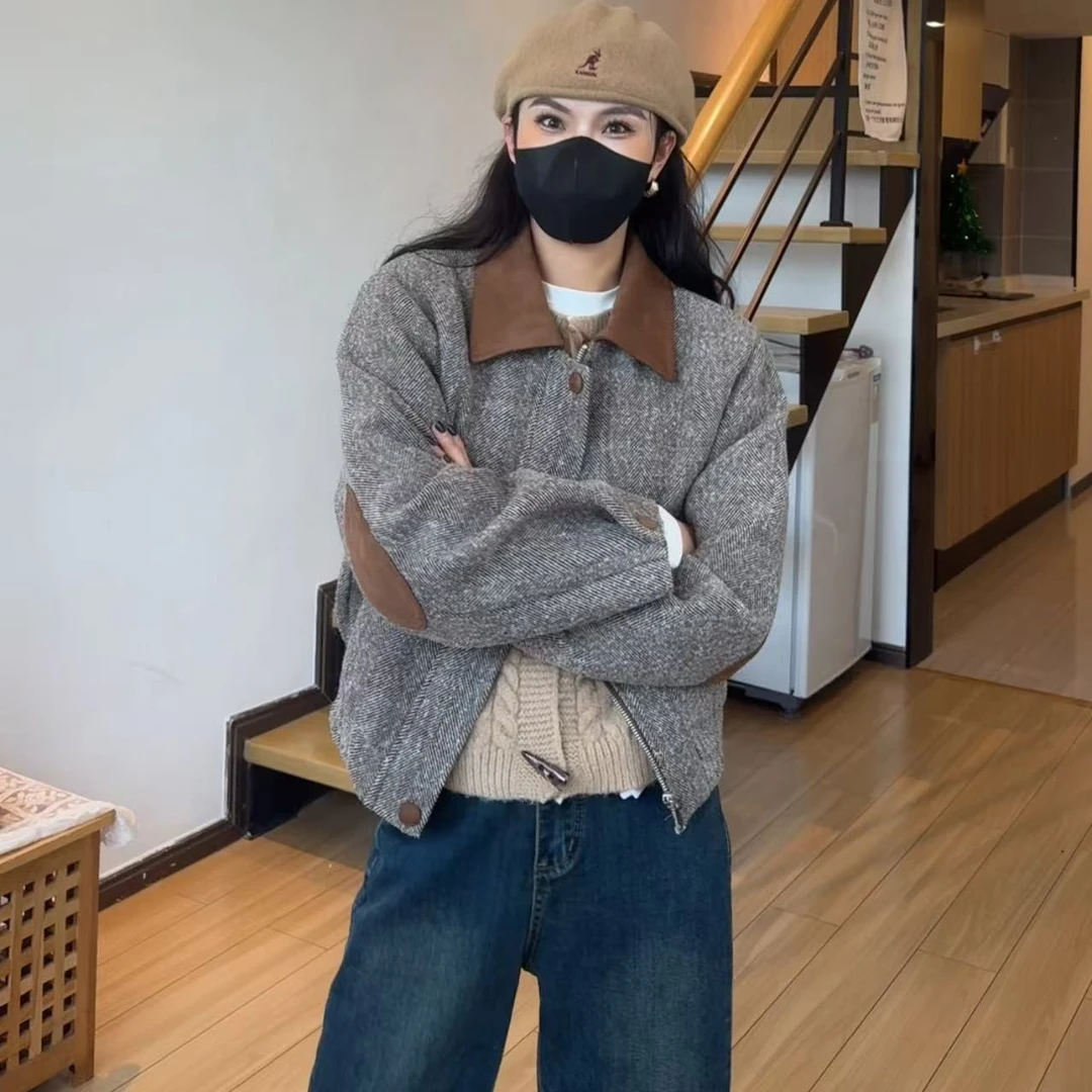 小个子定制毛呢撞色外套女秋冬休闲保暖宽松上衣