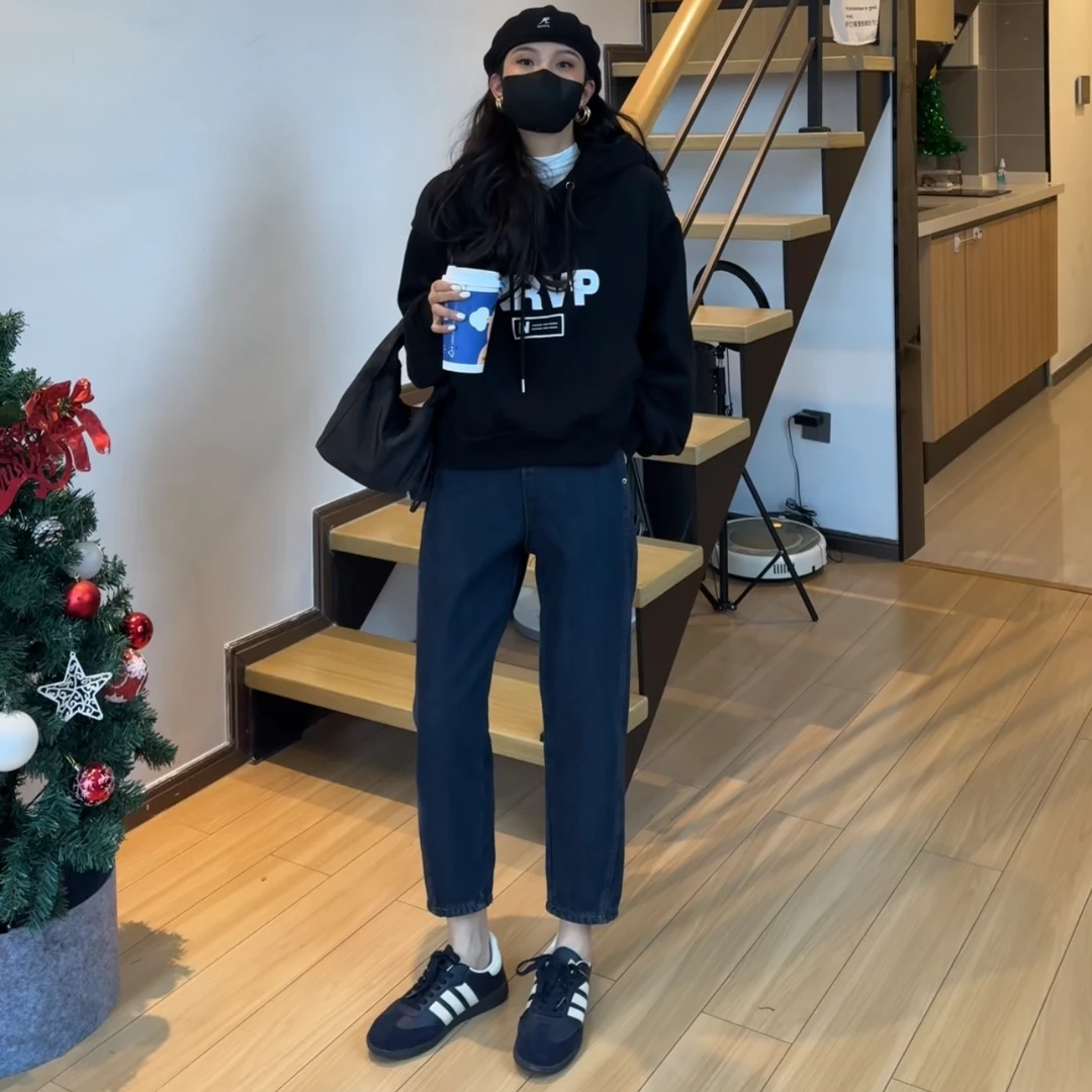 小个子定制140-160八分深色哈伦裤牛仔裤女高腰遮肉显瘦老爹裤