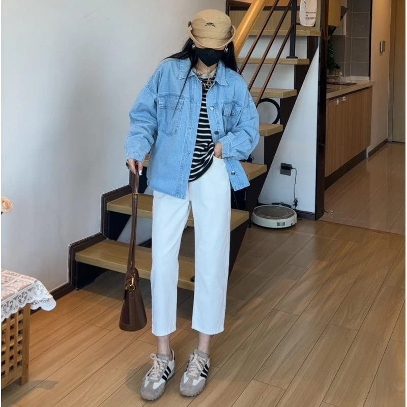 小个子140-160定制高腰黑白无双软牛仔裤八分九分哈伦老爹萝卜裤