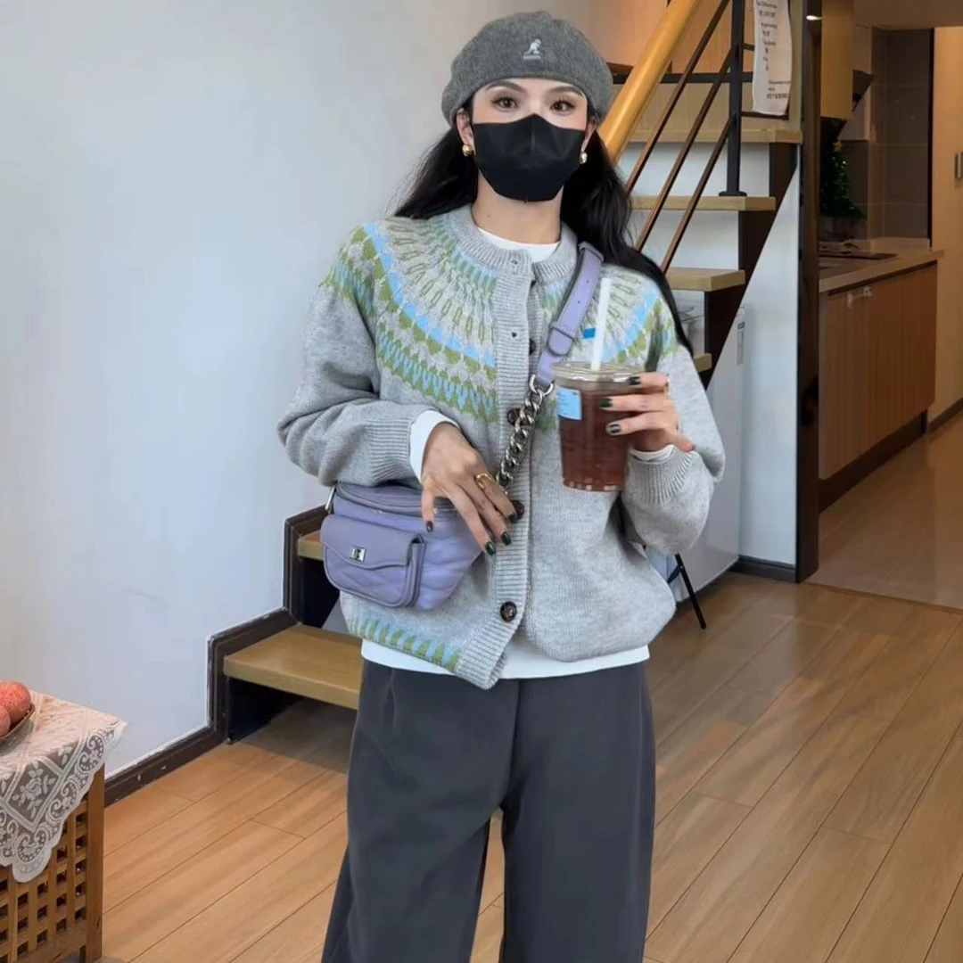 小个子定制加厚圆领毛衣外套女秋冬季外穿慵懒风上衣针织开衫