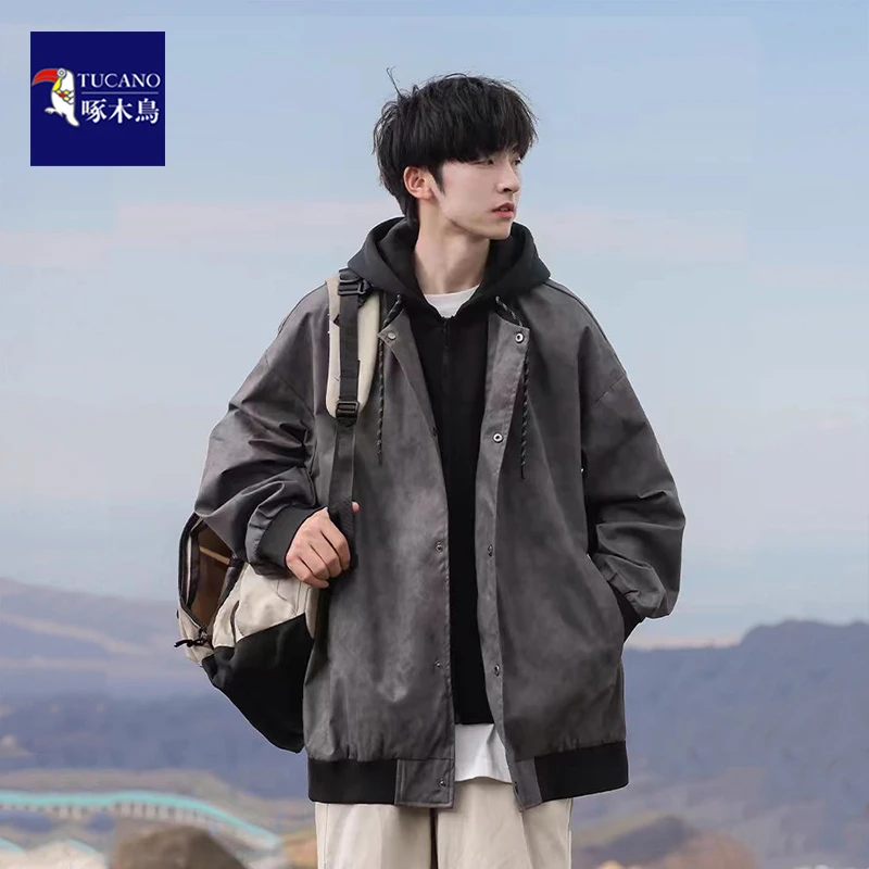 啄木鸟2025新款秋季假两件连帽外套男款潮流舒适宽松痞帅工装夹克