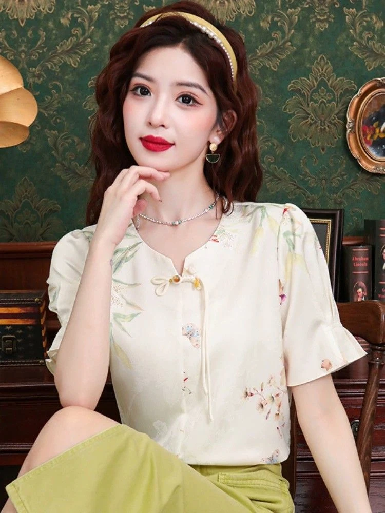 新中式盘扣碎花衬衫女短袖夏季2024新款别致漂亮小衫时尚气质上衣