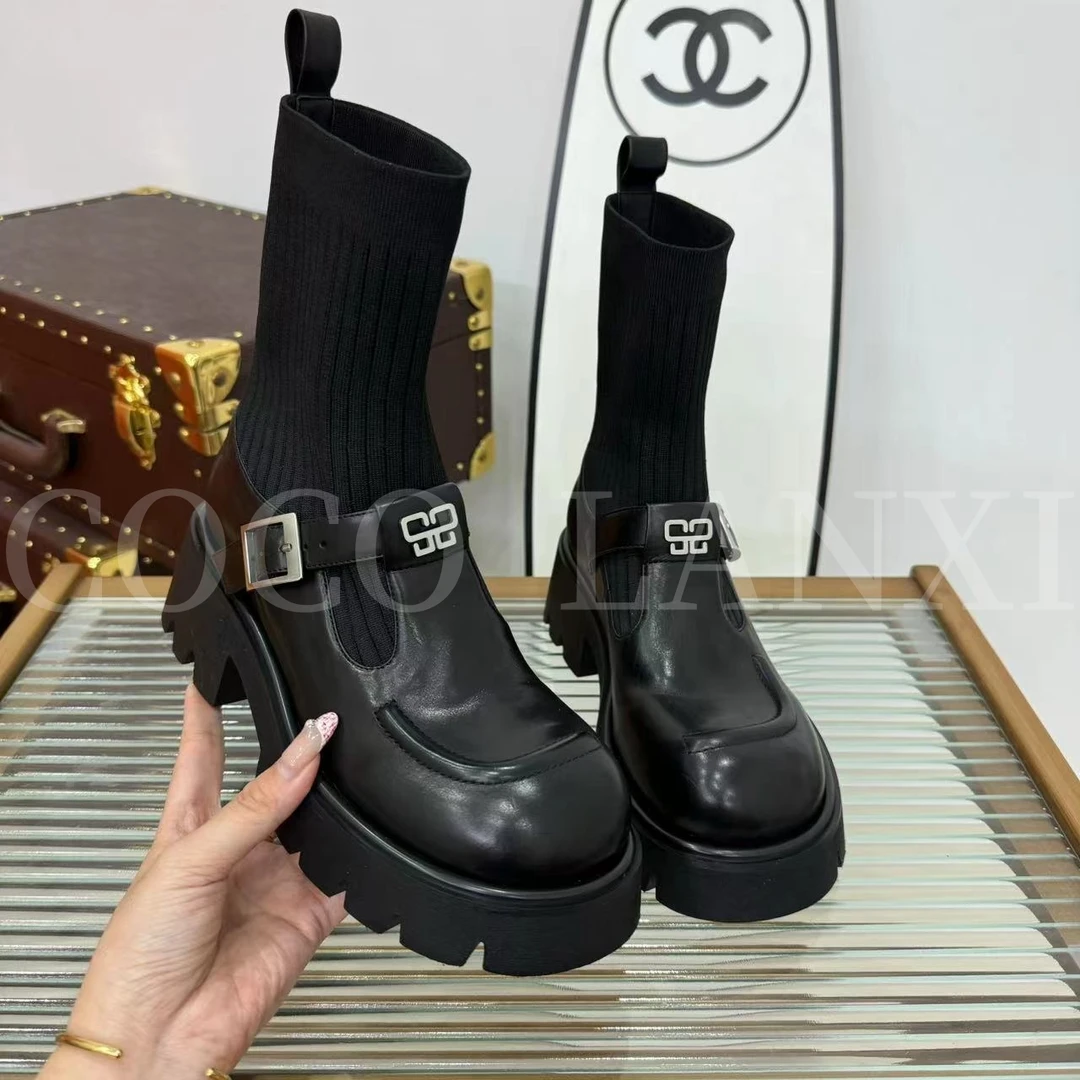 【COCO  LANXI】时尚百搭黑色秋冬圆头弹力靴瘦瘦靴24XZ450LX