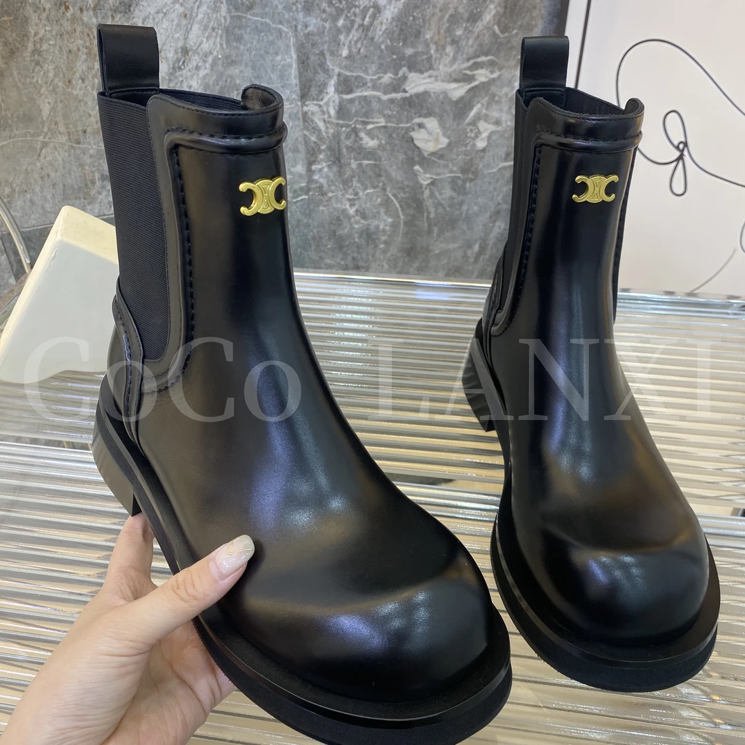 【COCO LANXI】英伦风靴子时尚百搭女士黑色潮流中筒圆头23X170