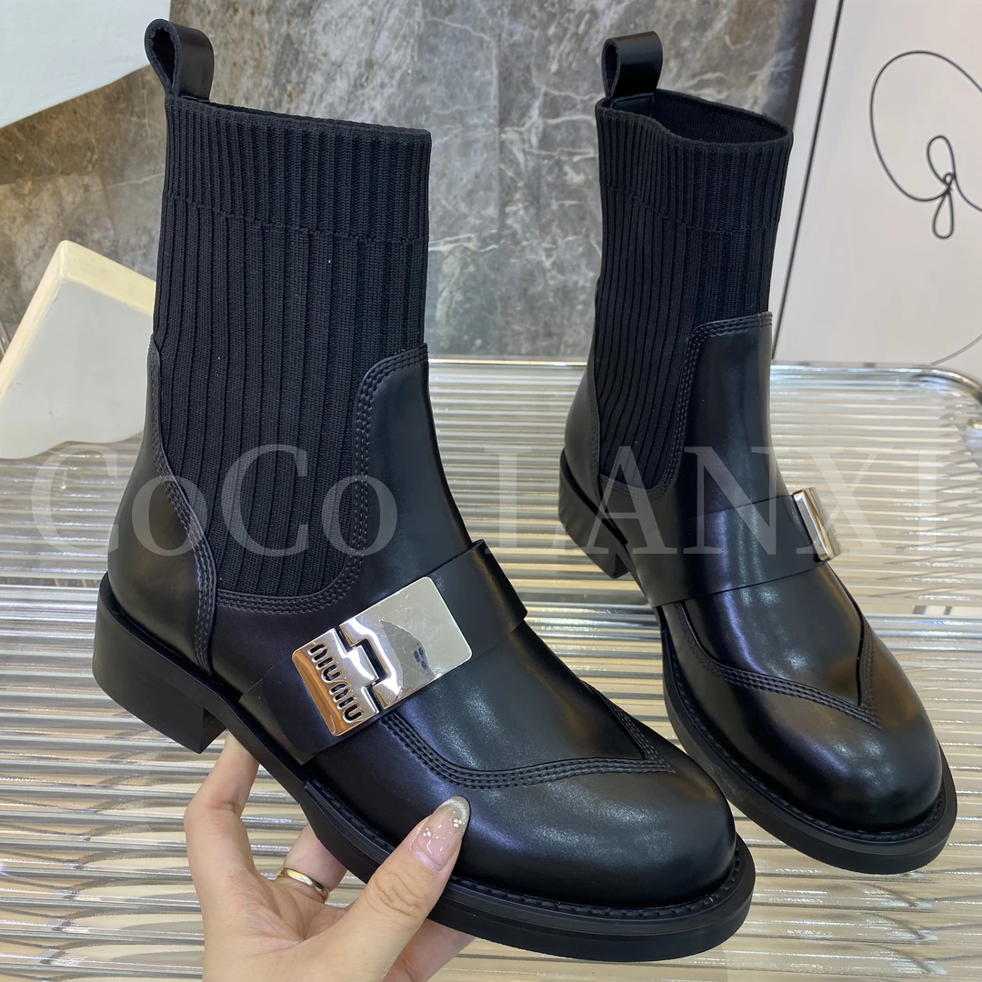 【COCO LANXI】英伦风靴子显瘦时尚气质百搭时装圆头弹力靴23X238