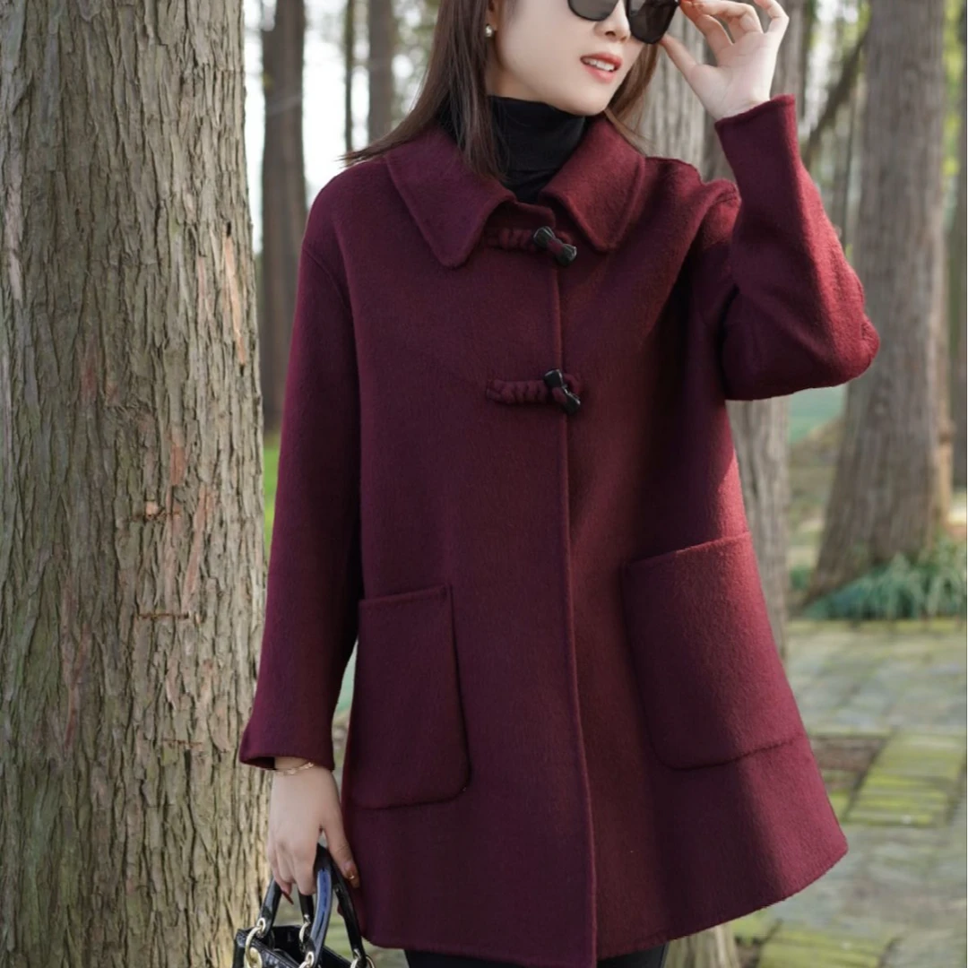 高端秋冬气质款长毛娃娃领绵羊毛大衣时尚红色中长款 881（梦遥）