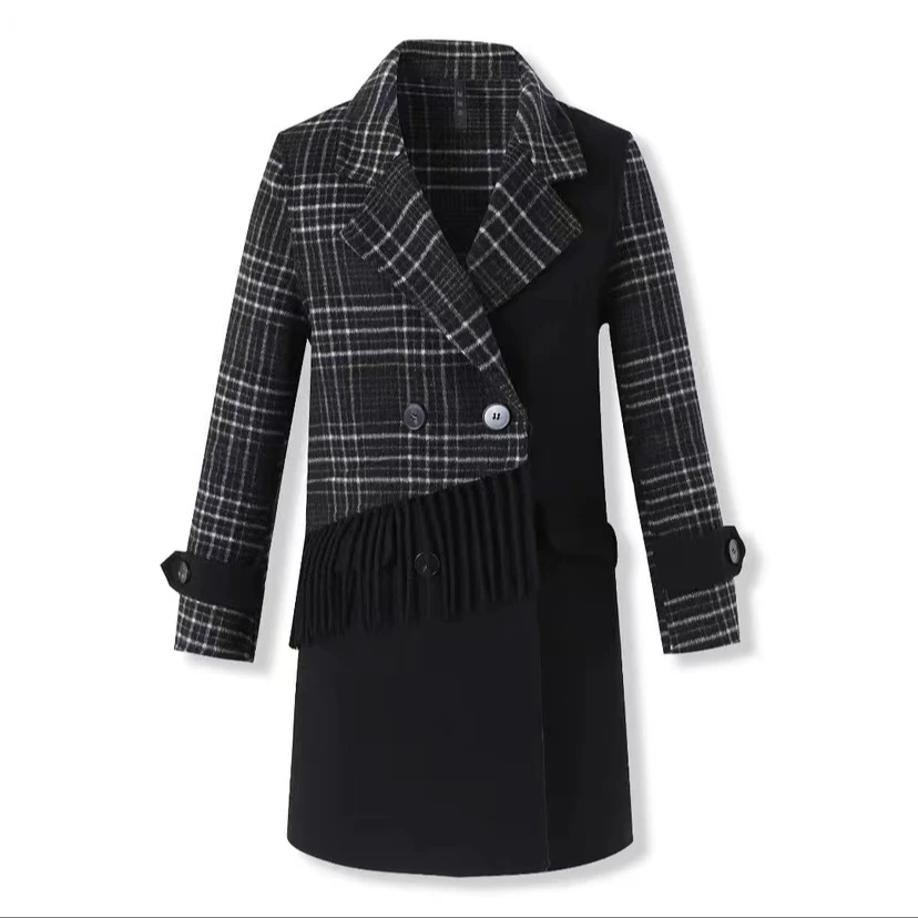 新款格子拼接流苏款修身绵羊毛大衣时尚长袖双面呢大衣