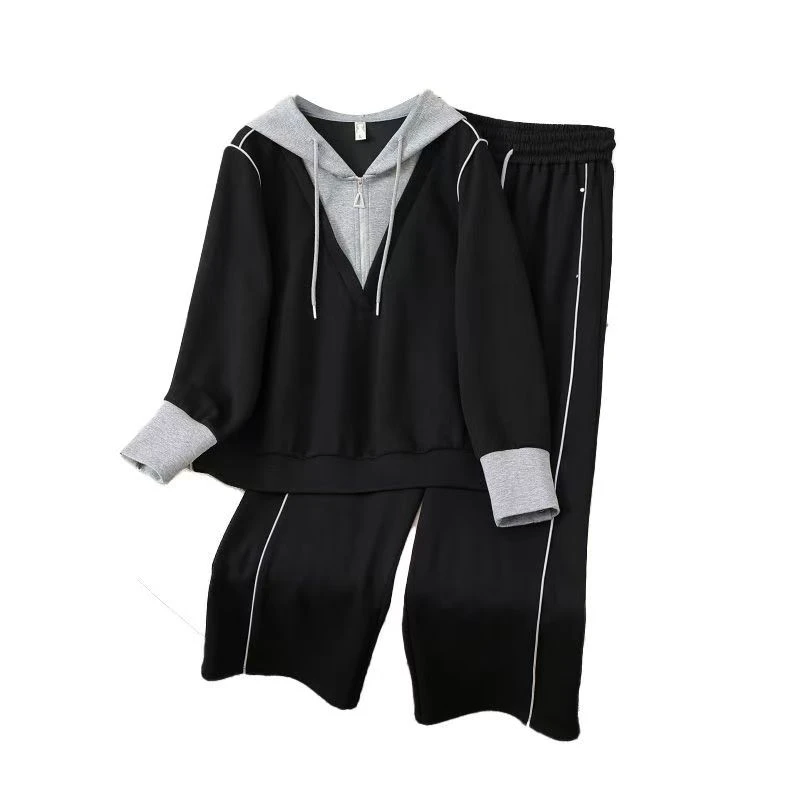 大码女装套装宽松连帽上衣裤子二件套胖mm时尚拼接显瘦春季