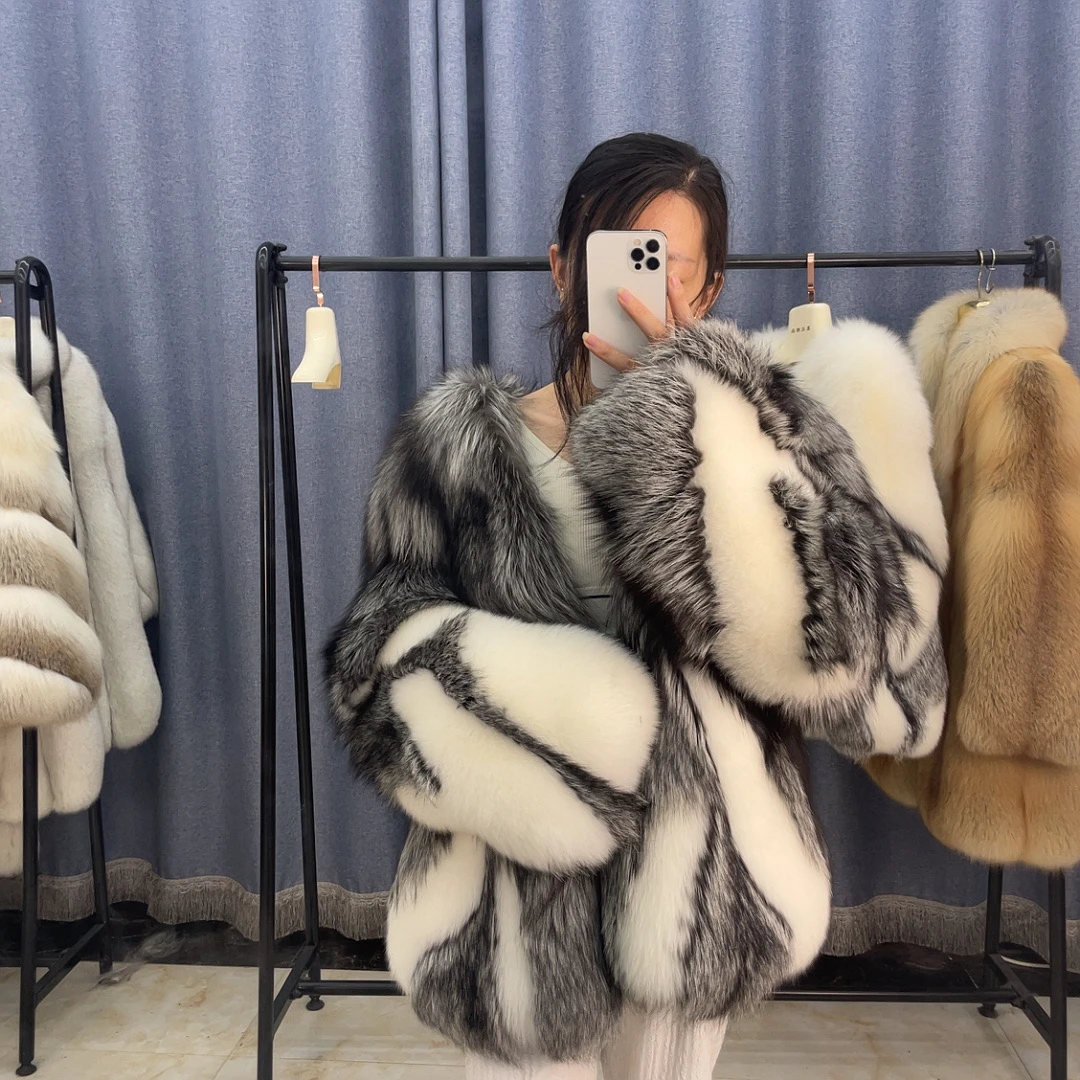 时尚银狐狸毛白狐撞色休闲外套秋冬女士保暖大衣