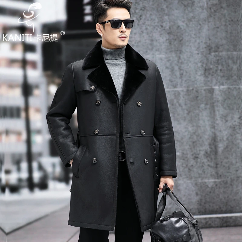 美利奴羊皮毛一体男士腰带中长款风衣冬装保暖皮大衣精品男装