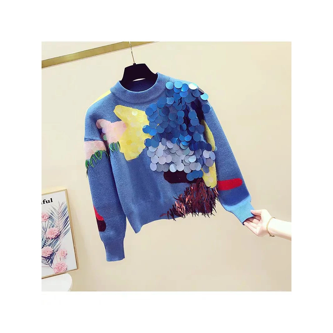 C7重工亮片流苏彩色毛衣女2024秋冬新款韩版时尚休闲圆领针织衫