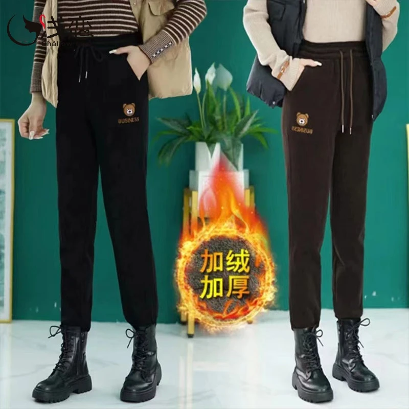 浅恋加绒加厚卫裤女2023爆款小熊宽松束脚运动休闲裤羊羔绒棉裤