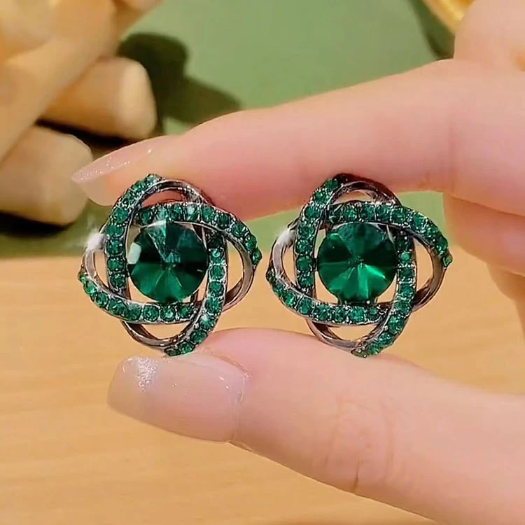 锌合金耳饰 碧花DK4432高级感爆款绿色气质四叶草镶钻耳钉耳环