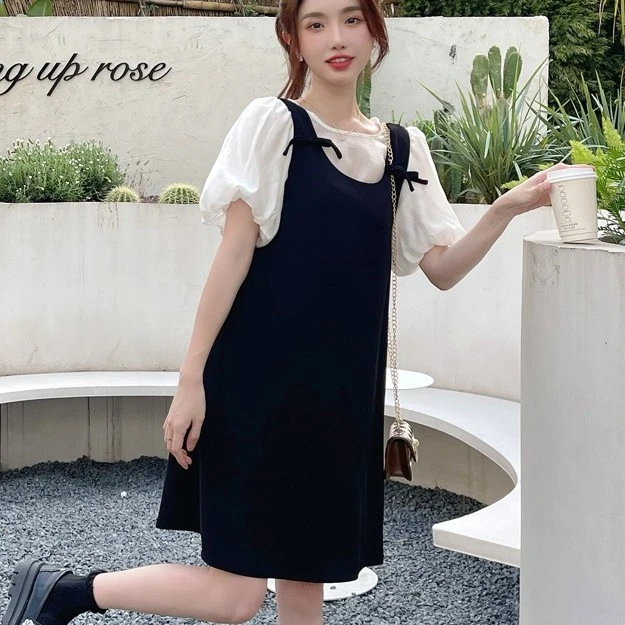 032夏季新款法式复古甜美针织冰丝连衣裙休闲宽松显瘦泡泡袖裙子