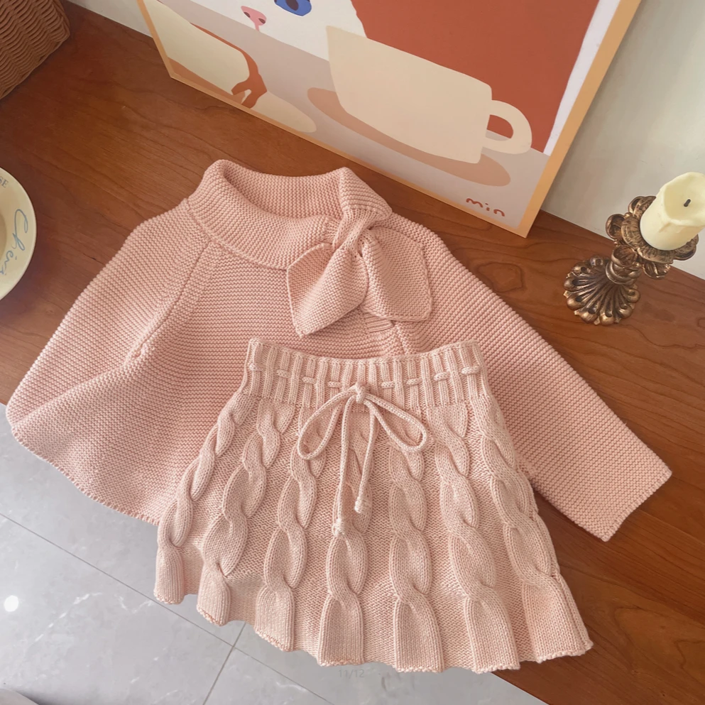 女童毛衣秋冬新款复古风宝宝儿童花边针织衫半裙披肩套装