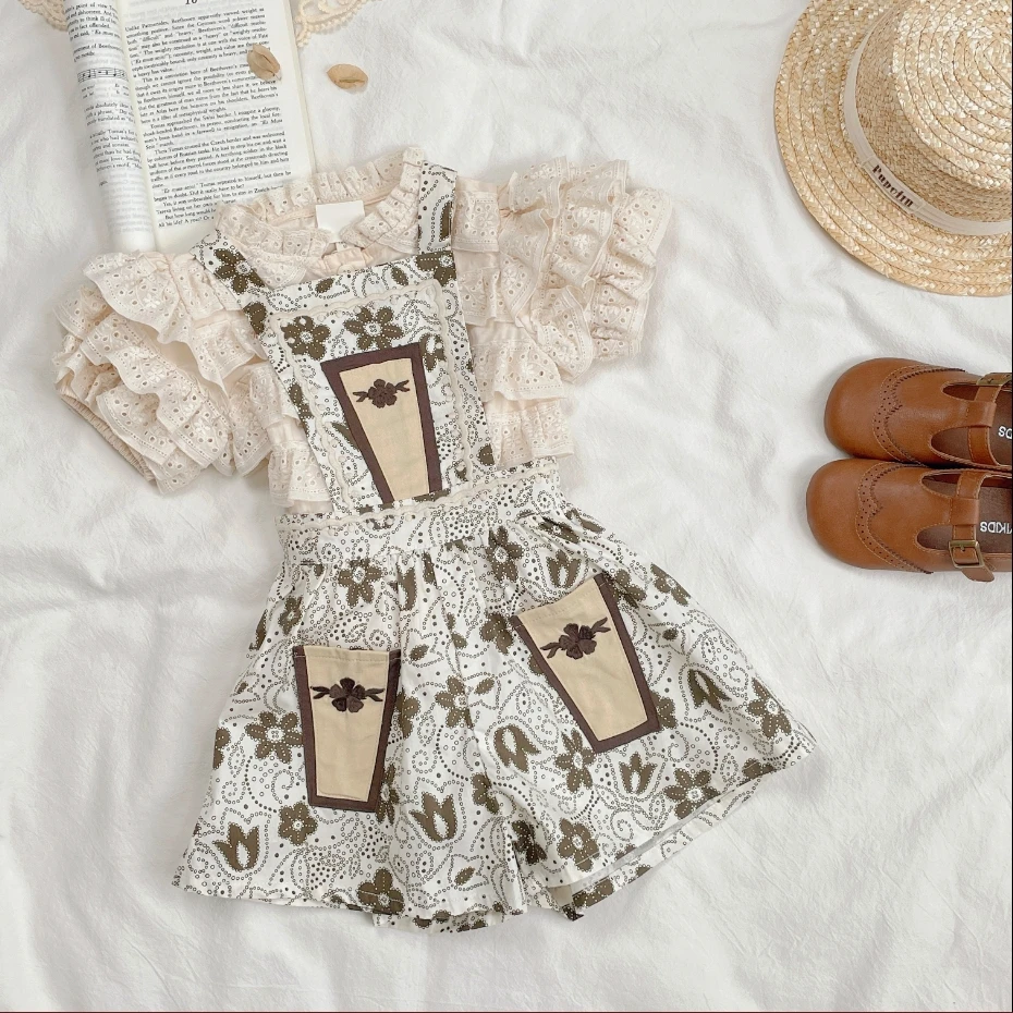 24年夏季女童田园风重工镂空刺绣花边上衣套装