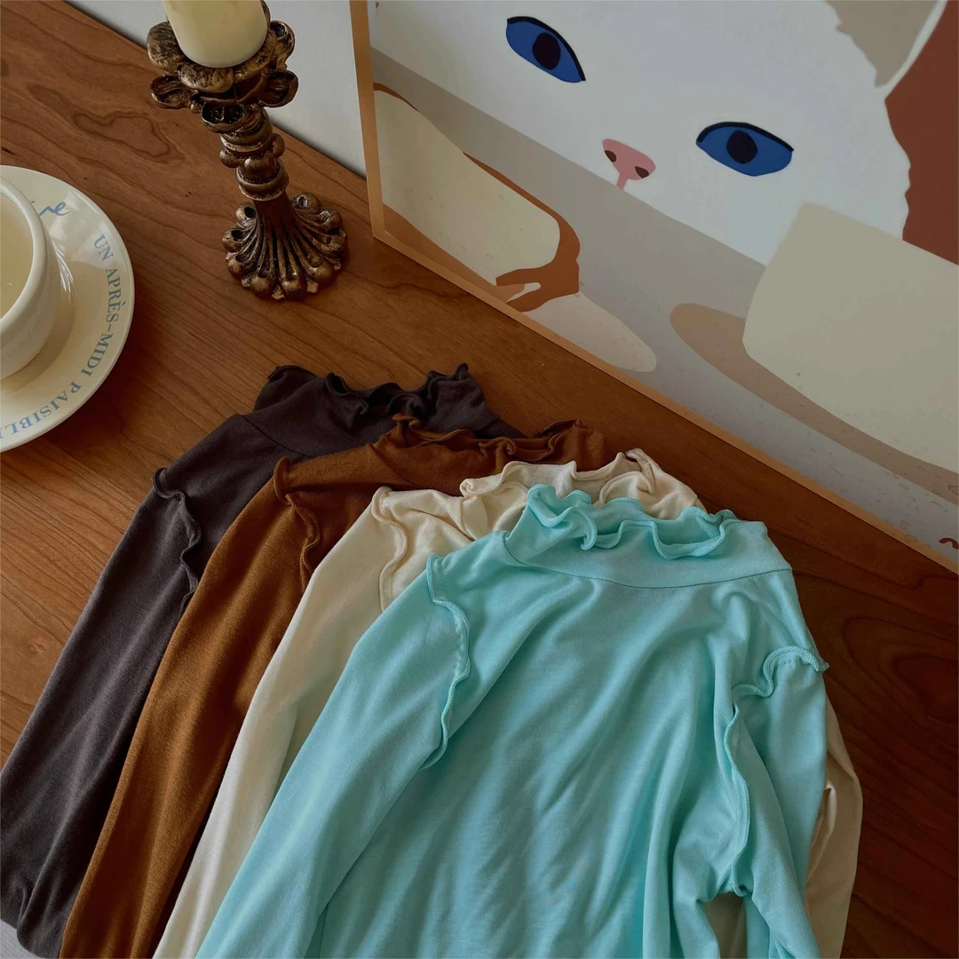 多色百搭女童上衣秋冬2024新款宝宝软糯碎花纯色半高领t恤打底衫