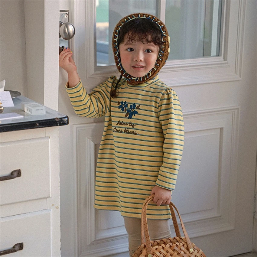 24秋冬新款女童韩版条纹长袖长款连衣裙儿童洋气裙子