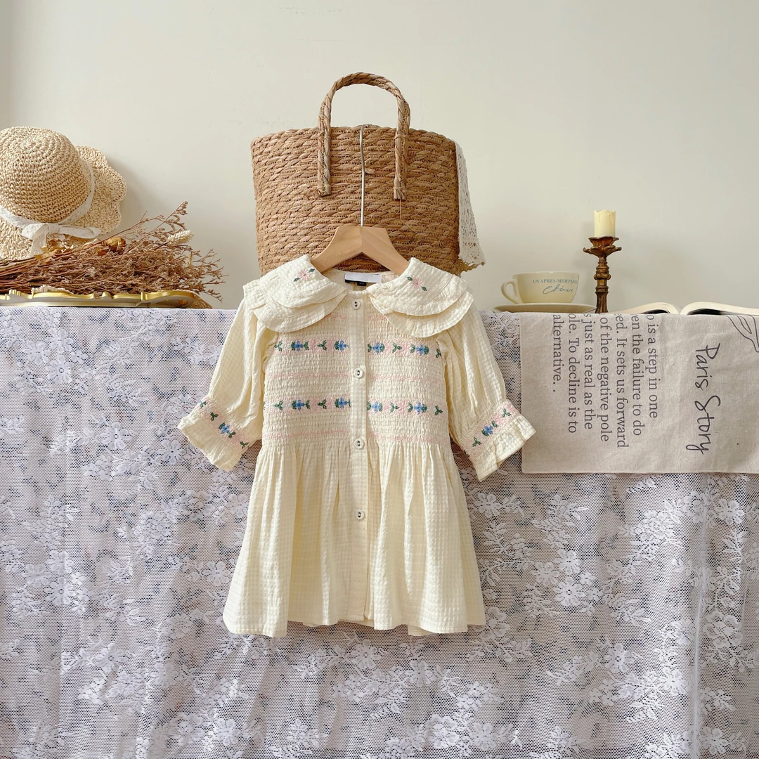 2024夏季刺绣打揽泡泡袖女宝衬衫裙