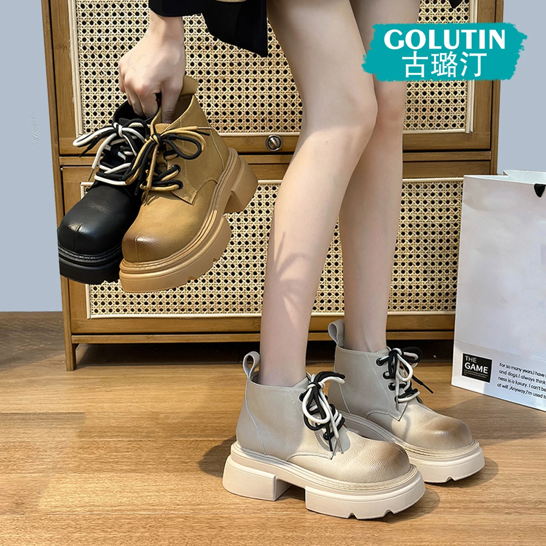 GOLUTIN古璐汀厚底马丁靴女秋冬季复古百搭松糕底内增高短靴皮面