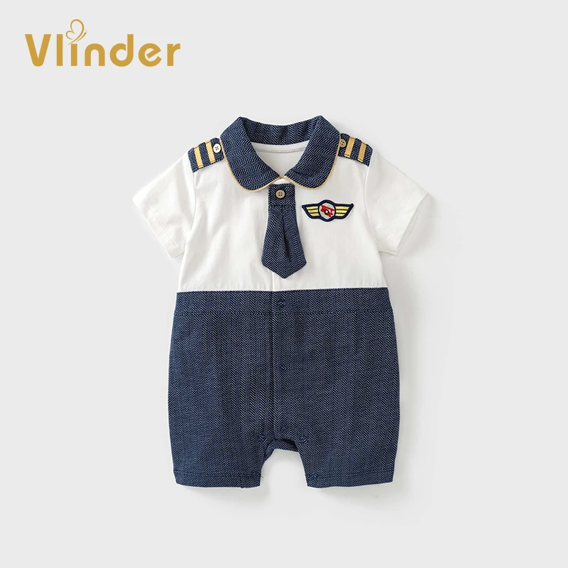 婴儿连体衣韩版2024夏男宝宝衣服新生儿帅气飞行员周岁满月包屁衣