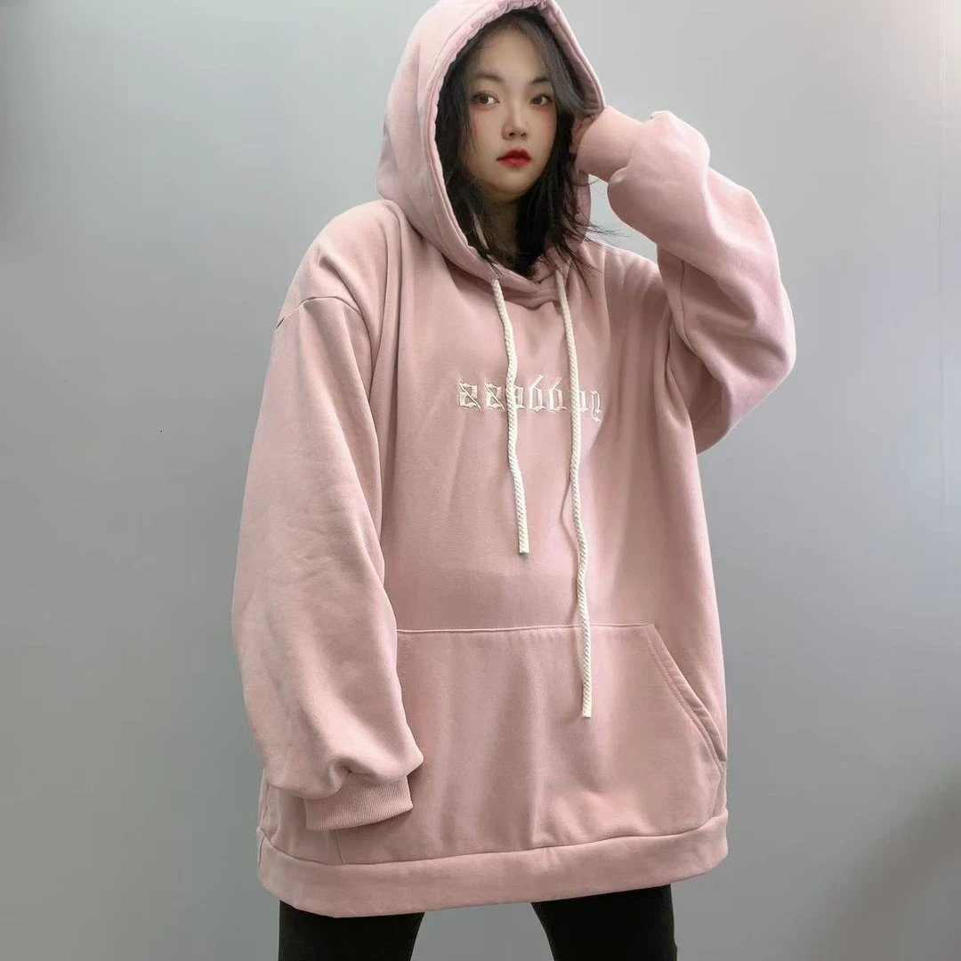 2024秋冬新款连帽绣花套头加绒加厚情侣卫衣大码宽松潮牌长袖上衣