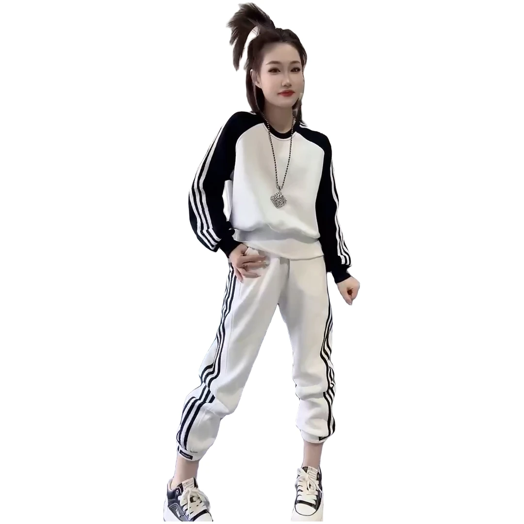 2025春季爆款网红休闲运动洋气减龄宽松拼接撞色圆领卫衣两件套装