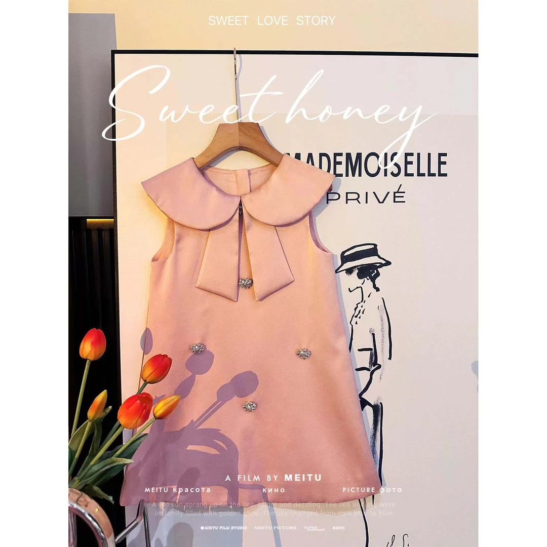 MOANA 洋气珍珠钉珠无袖娃娃领裙子女宝汉服24042411