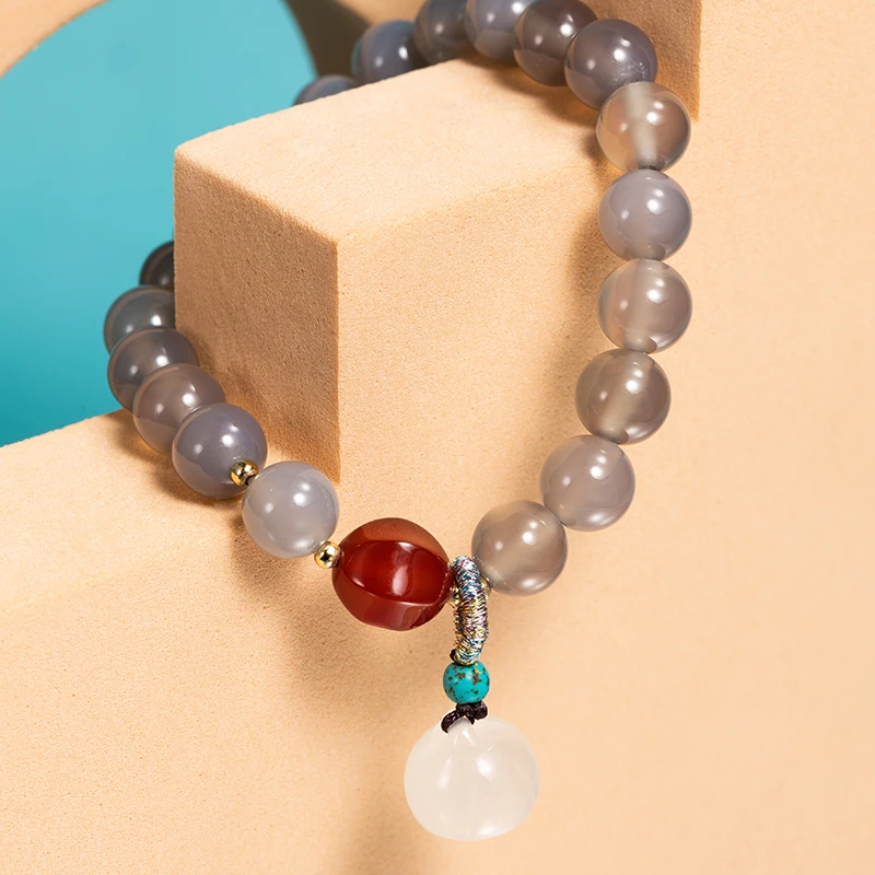 沐银时代国潮中国风灰玛瑙9mm莲蓬手链红色气质百搭单圈手串