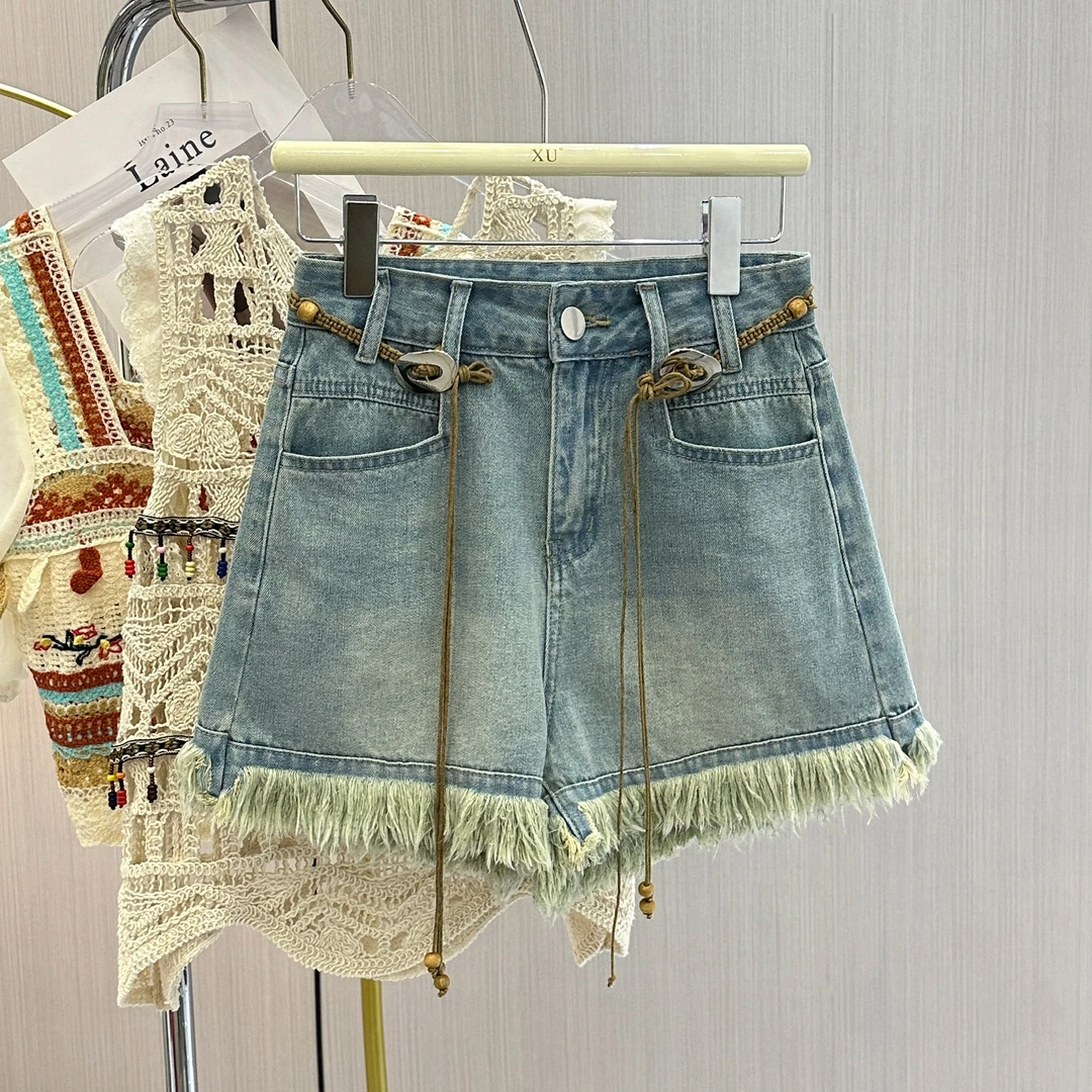 2024夏季新款设计感流苏毛边牛仔短裤女高腰大码显瘦阔腿a字短裤