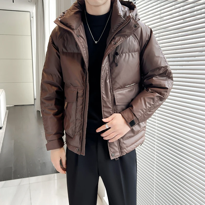 鸭绒羽绒服男士短款冬季2023新款百搭连帽保暖加厚休闲外套男冬天