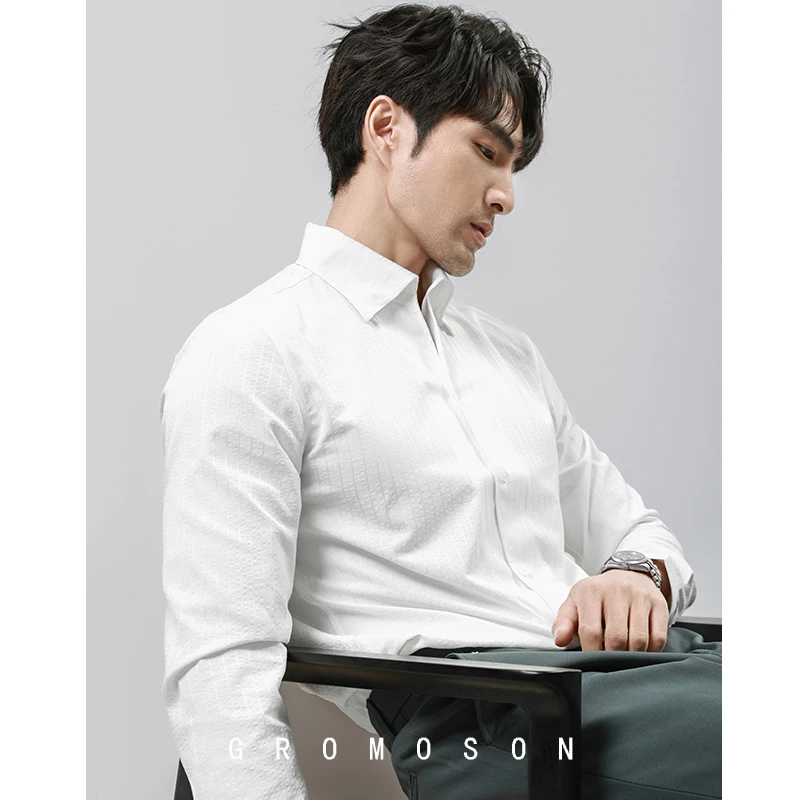 意式高级感一片领绿色条纹衬衫男士正装商务休闲免烫修身长袖衬衣