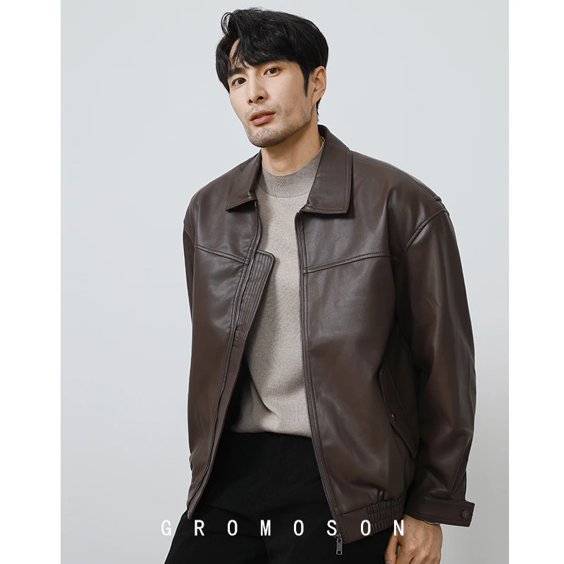美式休闲拉链PU软皮夹克男士秋冬高级感复古咖色翻领机车皮衣外套